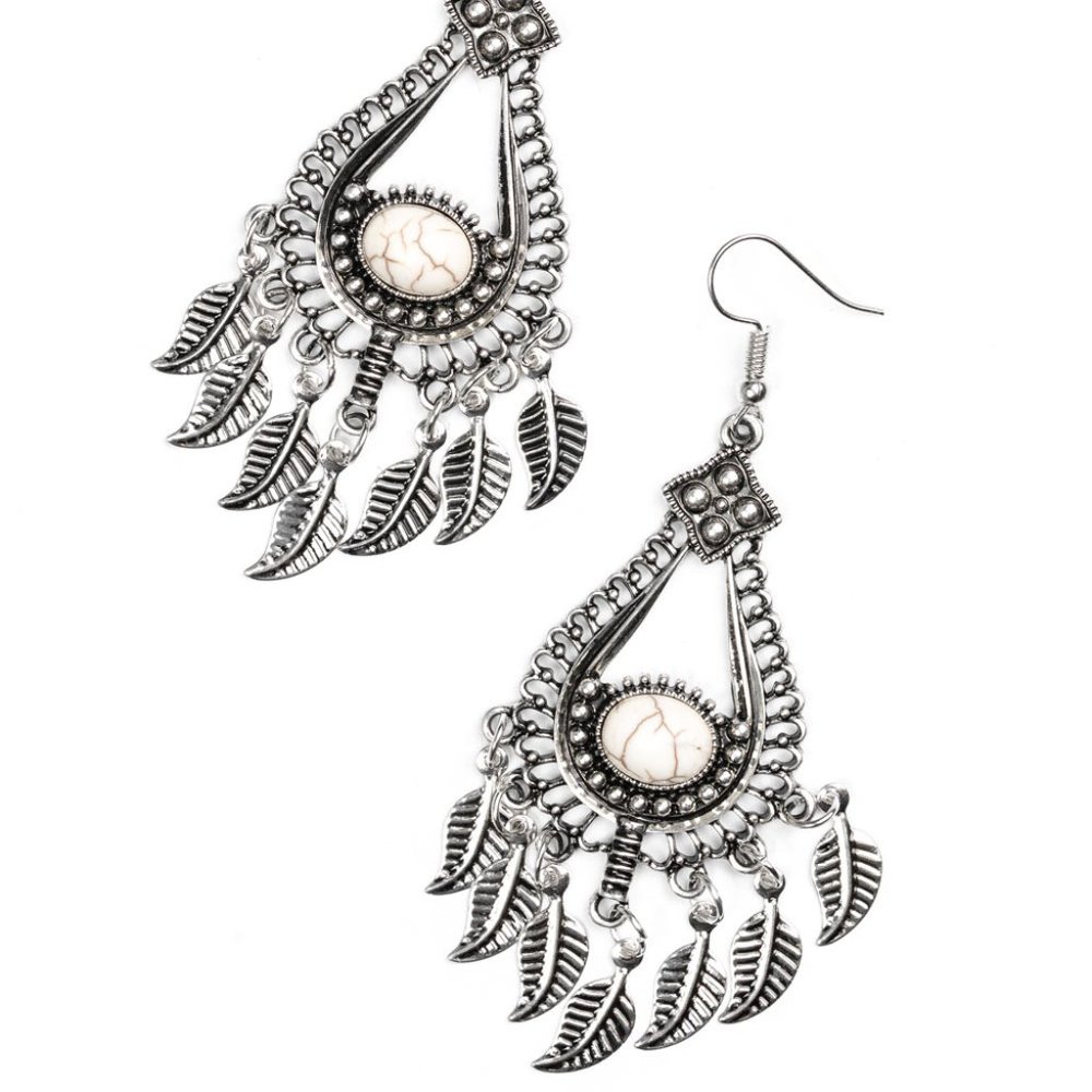Paparazzi boho silver feather dangle earrings